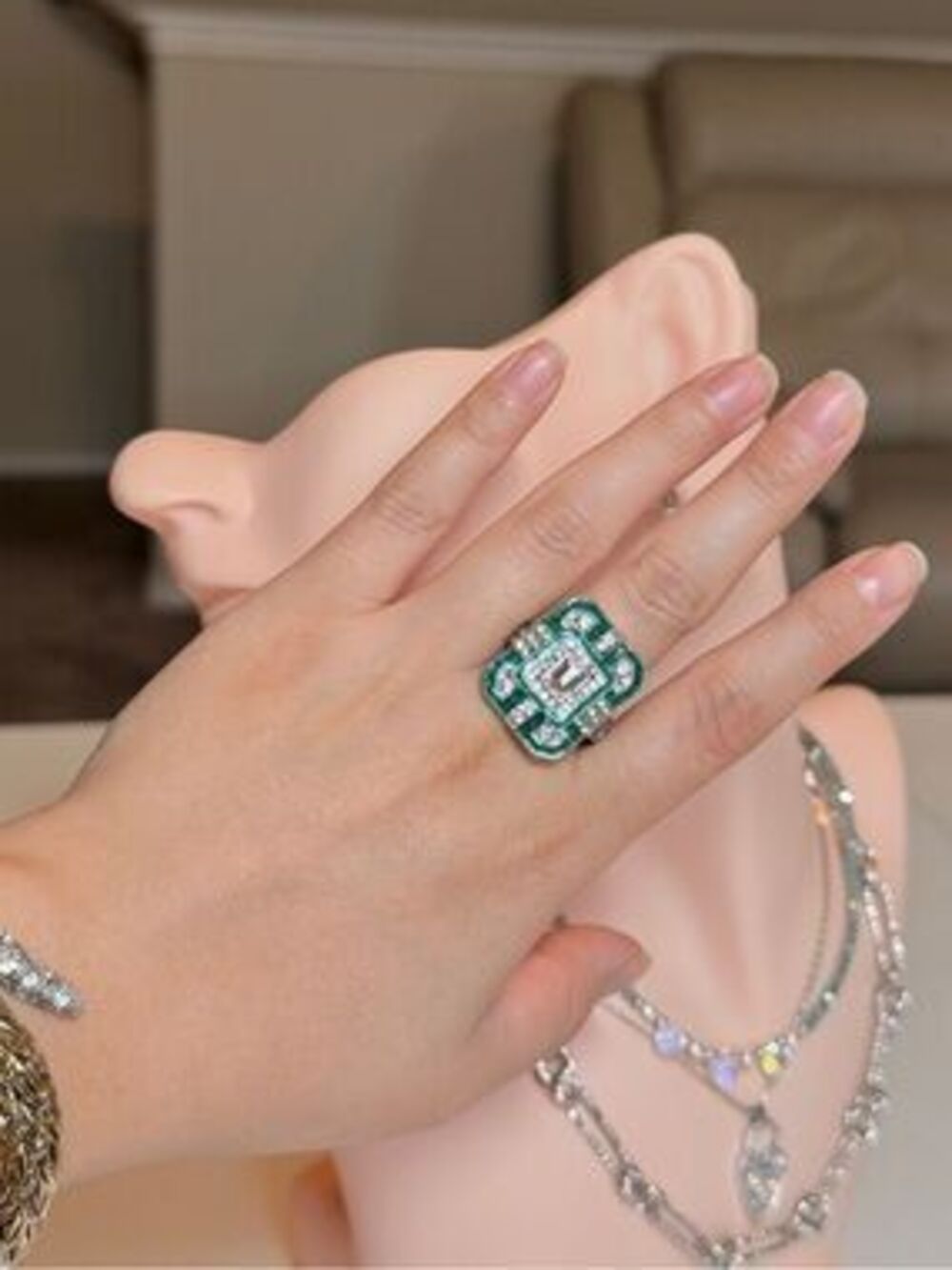 Emerald Green Art Deco Cocktail Ring